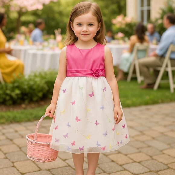 Girls 4T Butterfly Easter Dress – New Horizons – Pink & White Spring Party Dress - Picture 2 of 15